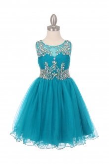 Teal Sleeveless Tulle Junior Bridesmaid Dress with Exquisite Beading Design